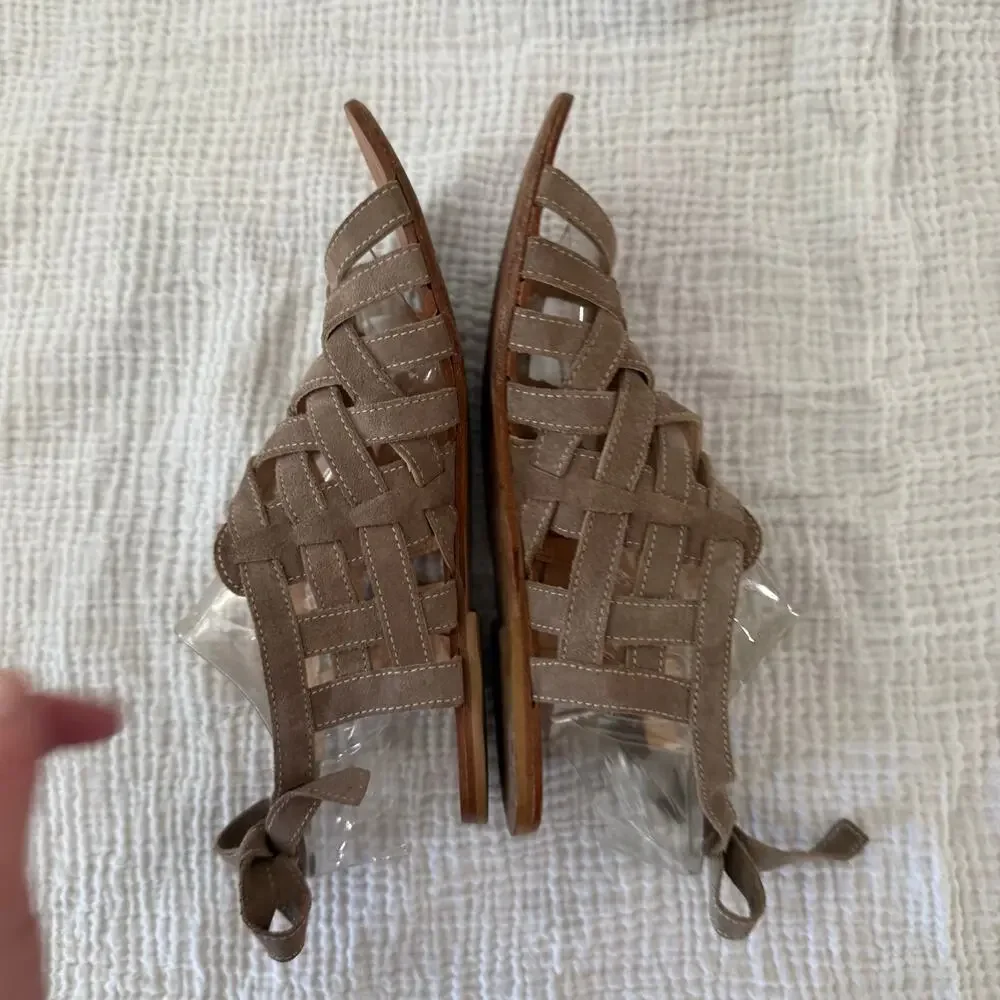 Navyboot Sandals Size 39 Tan Suede Leather Basket Weave Gladiator Ankle Tie